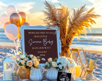 Anuncio de embarazo para bebé de verano, plantilla de Canva digital, anuncio de embarazo en la playa, anuncio boho para nuevo bebé