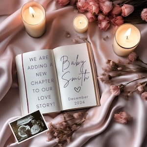 Neues Kapitel Schwangerschaftsankündigung, digitale Vorlage auf Canva, bearbeitbare Baby-Enthüllung, Buch-Themen-Baby-Enthüllung, Instagram-Beitrag für neues Baby