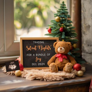 Silent Nights Schwangerschaftsankündigung, Teddybär-Baby-Enthüllung, Weihnachtsbabyankündigung, bearbeitbare digitale Babyenthüllung, Canva-Vorlage