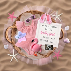 Flamingo erwartet Karte, Baby Girl Schwangerschaftansage, erwartet Karte für Baby, digitale Canva-Vorlage, Flamingo-Babykarte