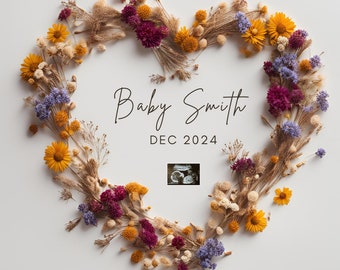 Anuncio de embarazo con temática floral, Descarga digital, Plantilla Canva editable, Revelación de bebé, Anuncio floral digital de bebé