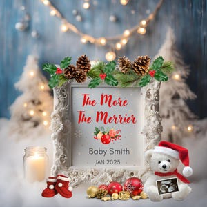 Faire-part de grossesse The Marrier, Cadeau de Noël pour les grands-parents, Révélation de Noël pour bébé, Faire-part de grossesse de Noël avec analyse de bébé