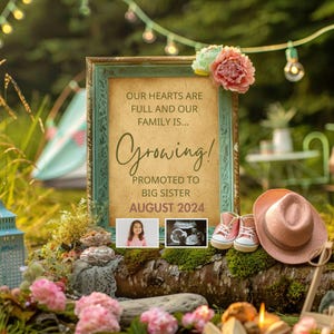 Familie wächst, Schwangerschaftsankündigung, digitale Babyankündigung, Outdoor-Baby-Enthüllung, Canva-Vorlage, Natur-Baby-Enthüllung