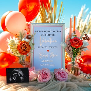 Anuncio de embarazo de rosas, regalo de San Valentín para el esposo, regalo de futuro papá, plantilla de Canva digital, tarjeta de revelación de embarazo floral