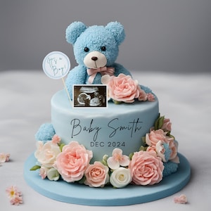 Faire-part sexe bébé garçon, gâteau personnalisable révélateur de grossesse, modèle numérique de toile, gâteau unique faire-part de grossesse sur le thème