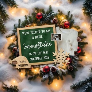 Kleine Schneeflocke Schwangerschaftsankündigung, personalisierte Baby offenbaren, digitale Canva-Vorlage, Weihnachtsankündigung für die Schwangerschaft
