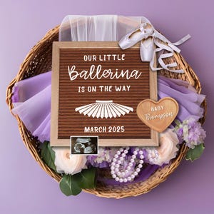 Lila Ballerina Schwangerschaftsankündigung, Digitales Babymädchen zeigen, bearbeitbare Canva-Vorlage, Social-Media-Ankündigung der Schwangerschaft