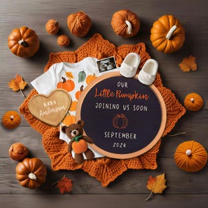 Zwangerschapsaankondiging Little Pumpkin, gepersonaliseerde babyonthulling, digitale canvassjabloon, herfstaankondiging voor zwangerschap