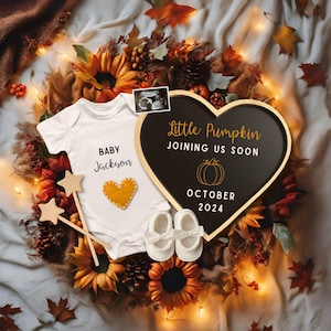 Herbst Kürbis Schwangerschaftansage, kundenspezifische digitale Baby offenbaren, Canva-Schablone für die Schwangerschaft enthüllen, Herbst-Baby enthüllen