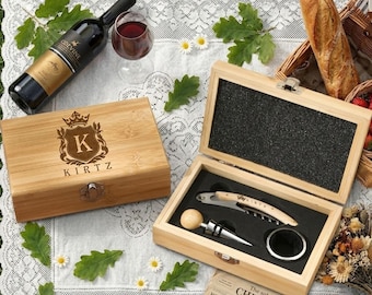 Set apribottiglie personalizzato con incisione, scatola in bambù con nome personalizzato, regalo per la nuova casa, per papà, famiglia e amanti del vino.