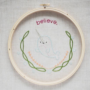 Believe - Narwhal Unicorn of the Sea Hand Mini Embroidery Pattern