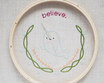 Believe - Narwhal Unicorn of the Sea Hand Mini Embroidery Pattern