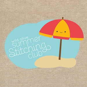 May include: A blue and white illustration of a beach scene with a yellow and red beach umbrella with a smiling face. The text "Wild Olive Summer Stitching Club" is written in white cursive.