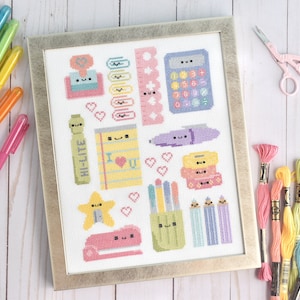 Desk Mates  - Kawaii Stationery PDF Cross Stitch Pattern