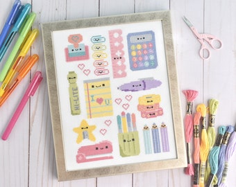 Desk Mates  - Kawaii Stationery PDF Cross Stitch Pattern