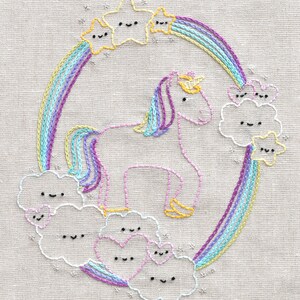 May include: Embroidered design of a unicorn standing on clouds with a rainbow arch above. The unicorn is pink and white with a yellow horn and mane. The clouds are white with smiling faces. The rainbow is multi-colored with a yellow, blue, and purple color scheme.