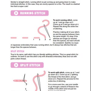 May include: A page from a craft tutorial with instructions for running stitch and split stitch embroidery techniques. The text is accompanied by pink illustrations of the stitches, with numbered diagrams. The title "RUNNING STITCH" and "SPLIT STITCH" are in pink boxes.