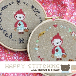 Little Red PDF Cross Stitch Pattern Happy Stitching with Hazel and Hoot image 1