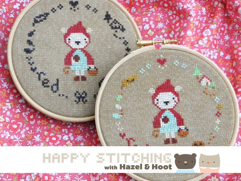 Little Red PDF Cross Stitch Pattern Happy Stitching with Hazel and Hoot image 1