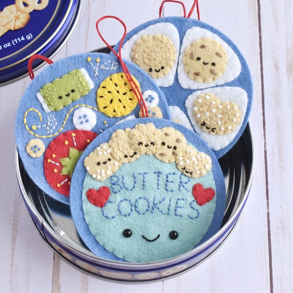 Patrón de adorno de fieltro de lata misteriosa (PDF) - Galletas de mantequilla danesas y diseños de latas de costura