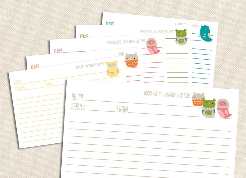 Little Owls Printable and Editable 4x6 Recipe Cards image 1