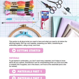 May include: An instructional guide titled "GETTING STARTED" with embroidery supplies. The image shows colorful embroidery floss, scissors, needles, fabric, pencils, and an embroidery hoop. Text includes "MATERIALS" and "MATERIALS PART 1 & 2".