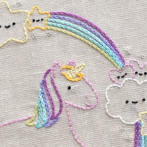 May include: Embroidered design of a unicorn with a rainbow and stars. The unicorn has a purple mane and tail, and the rainbow is made of multiple colors. The stars are yellow with black eyes and smiles.