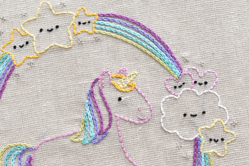 May include: Embroidered design of a unicorn with a rainbow and stars. The unicorn has a purple mane and tail, and the rainbow is made of multiple colors. The stars are yellow with black eyes and smiles.