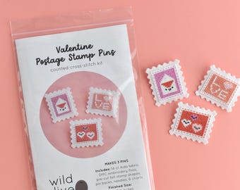 Valentine Postage Stamp Pin Counted Cross Stitch Kit - Kawaii Hearts X-Stitch Pattern & Craft