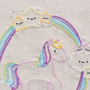 May include: Embroidered design of a unicorn with a rainbow, stars, and clouds. The unicorn is pink and white with a yellow horn and blue mane. The rainbow is multi-colored and the stars are yellow with happy faces. The clouds are white with happy faces.