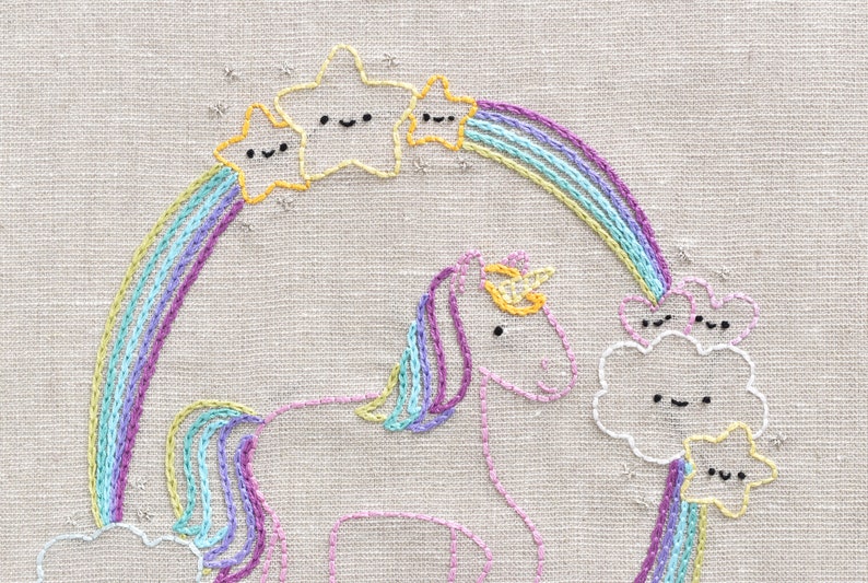 May include: Embroidered design of a unicorn with a rainbow, stars, and clouds. The unicorn is pink and white with a yellow horn and blue mane. The rainbow is multi-colored and the stars are yellow with happy faces. The clouds are white with happy faces.
