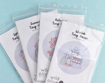 Seasonal Tiny House Embroidery Kit - Pre-printed Fabric with Spring, Summer, Autumn & Winter Cottages