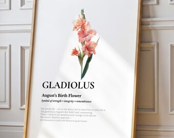 Quadro con gladiolo, acquerello, fiore di nascita di agosto - Decorazione botanica per interni / Stampa floreale rosa / Pezzo estivo di grande effetto