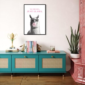 No Drama Just Llama Funny Print – Llama Wall Decor with Glasses & Bubblegum – Humorous Animal Art for Teen Bedroom or Dorm Room