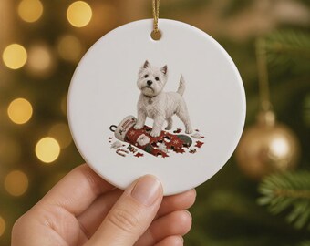 Westie Christmas Ornament, Naughty West Highland Terrier with Shredded Stocking, Funny Ceramic Dog Bauble, Westie Lover Gift