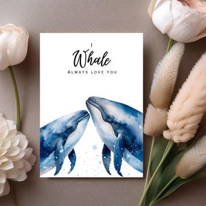 Cartão de aniversário de baleia para impressão, cartão de amor engraçado, cartão de baleia digital, saudação romântica fofa, download instantâneo