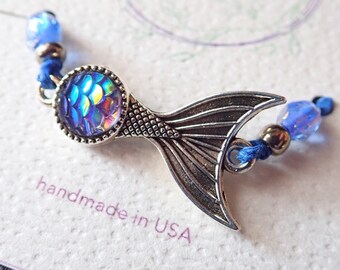 Ships TODAY. Mermaid Tail Friendship Bracelet with Iridescent Textured Scales and Blue Glass Beads, on Blue Hemp Cord, in Gift Packaging