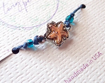 Ships TODAY - Starfish Friendship Bracelet on Blue Hemp Cord with Gold, Silver and Blue Glass Beads, in Gift Packaging