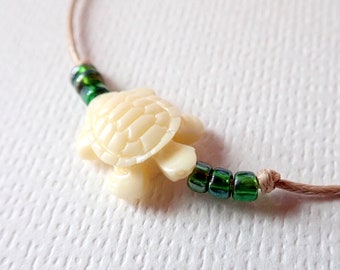 Ships TODAY - Delicate, Minimalist Friendship Bracelet - Carved Bone Turtle with Green Glass Beads on Tan Cord, in Gift Packaging