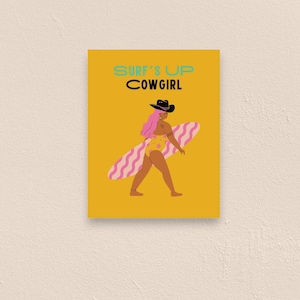 Surf&#39;s Up Cowgirl Matte Vertical Poster | Western Art | Surf Art | Female Surfer | Housewarming Gift | Gift for Surfer | Beach House Art