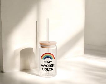 Rainbow Pride Iced Coffee Glass with Bamboo Lid & Straw
