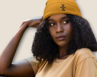 Embroidered Organic Cotton Ribbed Beanie: Don't Let the Bastards Get You Down
