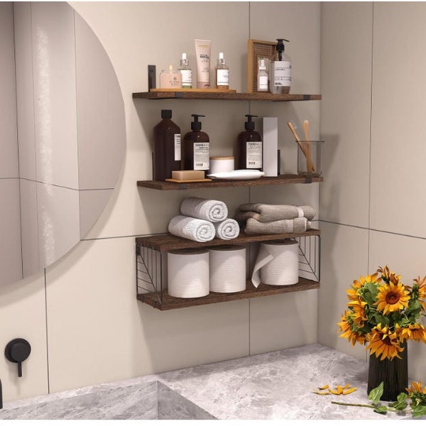 Handmade Set of 3 Wooden Bathroom Shelves Over Toilet | Wall Shelves | Kitchen Shelves | Wood Shelf | Bathroom Storage | Over Toilet Storage