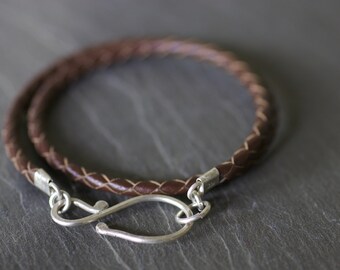 Sterling silver and braided leather wrap bracelet