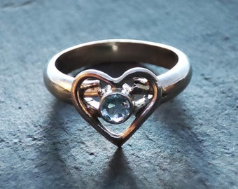 Silver heart ring with aquamarine