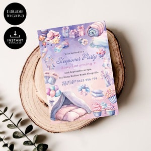 May include: Purple and pink sleepover party invitation with a watercolour illustration of a tent, pillows, and cupcakes. The text reads "Your invited to a Sleepover Party Zoey is turning 9 10th September at 4pm 321 Sleep Hollow Road, Sleepville RSVP 0423 556 779"