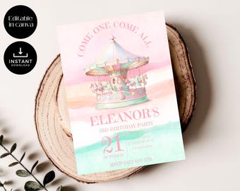 May include: A pink and blue watercolor invitation with a carousel illustration. The text reads "Come One Come All, Eleanor's 3rd Birthday Party, October 21, 121 Carnival St, Ferristown, RSVP 0412 678 220".