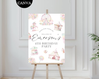 May include: A white welcome sign with a pink, blue, and yellow watercolor carnival theme. The sign says "Come One, Come All, Welcome to Emerson's 4th Birthday Party".
