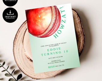 May include: A green and white cricket-themed birthday invitation with a watercolor illustration of a red cricket ball. The invitation reads "Howzat! Come join us for a game of cricket to celebrate Eddie turning 10. Sat | May 14 | 12 PM. Wambo Oval, 99 Stall Road, Wambo. RSVP 0421 556 779."