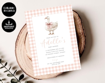 Goose Baby Shower Invitation, Pink Gingham, Canva Template (Digital Download)